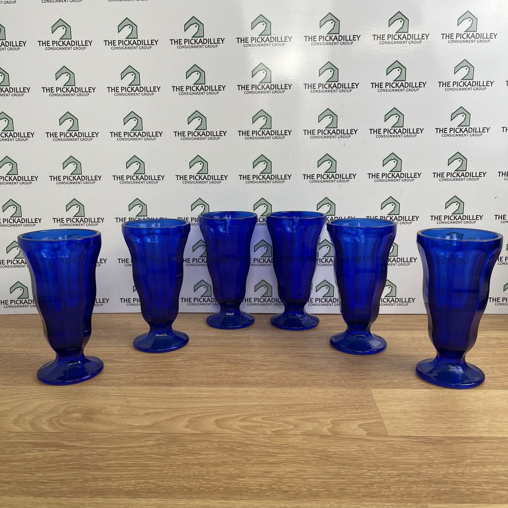 Set of 6 Cobalt Blue Glass Milkshake Sundae Glasses Paneled Pedestal 7 Inch